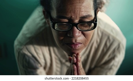 Faithful South American Hispanic Older Woman Praying To God At Home. Spiritual Hispanic Brazilian Senior Female Person In Prayer Having HOPE And FAITH 3