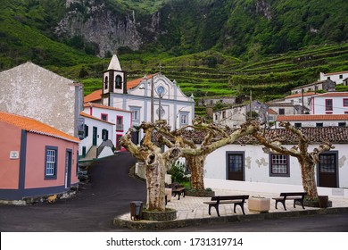 Fajazinha village center and cathedral on Flores in Azores islands of Portugal
