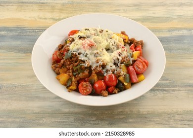 Fajita Beef Skillet Skillet Dinner With Squash, Tomatoes, Peppers, And Onions With Shredded Cheese