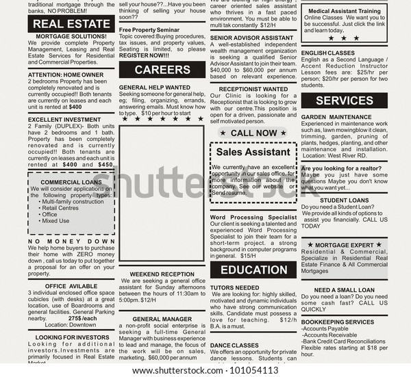 Fake\
Classified Ad, newspaper, business\
concept.