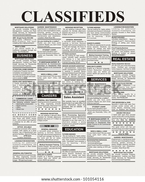 Fake\
Classified Ad, newspaper, business\
concept.