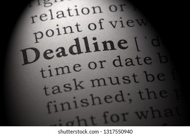 Fake Dictionary, Dictionary definition of the word deadline. including key descriptive words. - Shutterstock ID 1317550940