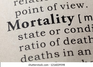 Fake Dictionary, Dictionary definition of the word mortality. including key descriptive words.