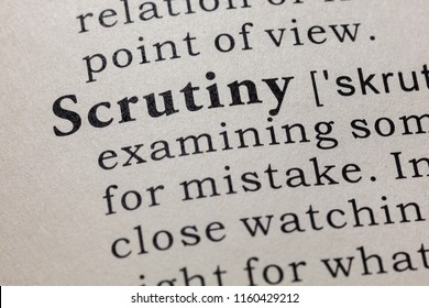 Fake Dictionary, Dictionary definition of the word scrutiny. including key descriptive words. - Shutterstock ID 1160429212