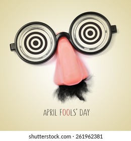 fake eyeglasses, nose and mustache and the sentence april fools day written in a beige background, with a retro effect