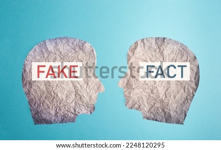 Fake or fact on a head, false and truth information, propaganda and conspiracy theory concept, media and manipulation, cancel culutre