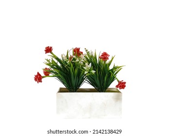 Fake Flowers. Red Flowers. White Flowers. Flower Pot With White Background