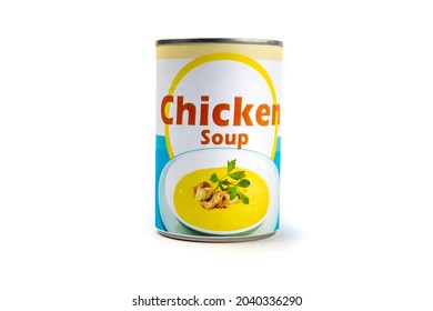 A fake generic labelled food can of chicken soup isolated on white - Shutterstock ID 2040336290