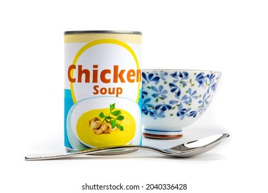 A Fake Generic Labelled Food Can Of Chicken Soup With A Soup Bowl And Spoon Isolated On White