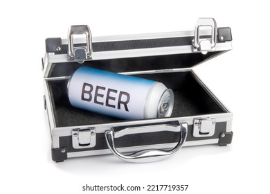 A Fake Generic Labelled Tall Can Of Beer In A Small Locking Suitcase Ot Tool Box Isolated On White