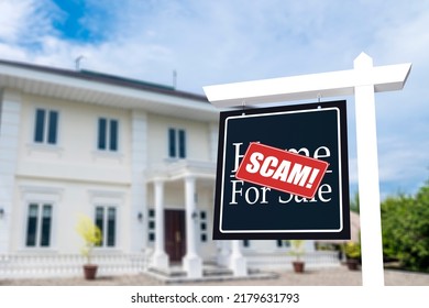 A fake house for sale sign outed as a fraud. Concept Fake home listings and rental scams. - Shutterstock ID 2179631793