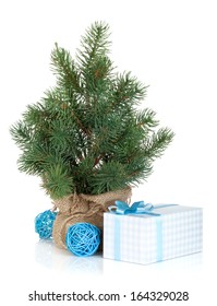 Fake Mini Christmas Tree With Decoration And Gift Box. Isolated On White Background