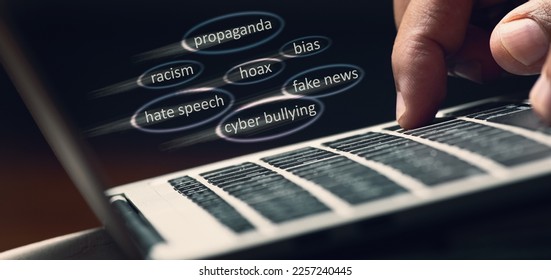 Fake news sharing. Cyber bullying and hate speech. Online propaganda media on the Internet. Misuse of computers and communication devices. Slander on social media. Spreading bias and racism. - Shutterstock ID 2257240445