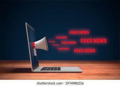 Fake news and their impact to the public and policy concept. Notebook with megaphone and text fake news. Contamination of public space with fake news are part of hybrid war.