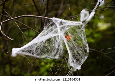 Fake Orange Spider On A White Web  Decoration In A Park Outside