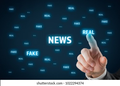 Fake Versus Real News Concept. User Click On Real News And Avoid Fake News.