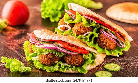 Falafel and fresh vegetables in pita bread on dark background.