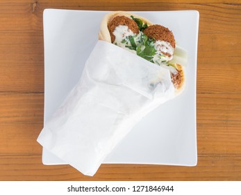 Falafel Gyro Served From A Mediterranean Food Cart In Portland, Oregon.