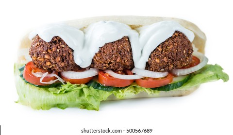 Falafel Sandwich (close-up Shot) Isolated On White Background