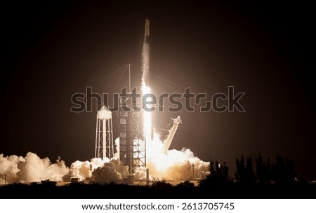 A Falcon 9 rocket lifts off, carrying four commercial astronauts into a 90-degree inclination polar orbit on the Fram2 mission, advancing human spaceflight.