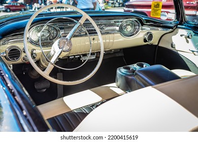 Falcon Heights, MN - June 17, 2022: Wide Angle Low Perspective Detail Interior View Of A 1956 Oldsmobile Super 88 Hardtop Coupe At A Local Car Show.