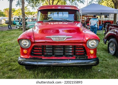 Falcon Heights, MN - June 18, 2022: High Perspective Front View Of A 1955 Chevrolet Task Force 3100 Pickup Truck At A Local Car Show.