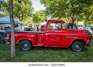 Falcon Heights, MN - June 18, 2022: High Perspective Side View Of A 1955 Chevrolet Task Force 3100 Pickup Truck At A Local Car Show.