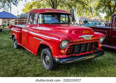 Falcon Heights, MN - June 18, 2022: High Perspective Front Corner View Of A 1955 Chevrolet Task Force 3100 Pickup Truck At A Local Car Show.