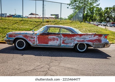 Falcon Heights, MN - June 19, 2022: High Perspective Side View Of A At An Old 1960 Chrysler New Yorker 2 Door Hardtop Local Car Show.