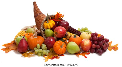 A Fall Arrangement In A Cornucopia On A White Background