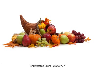 A Fall Arrangement In A Cornucopia On A White Background