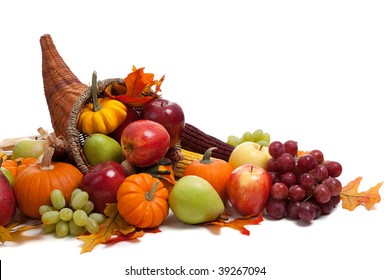 A Fall Arrangement In A Cornucopia On A White Background