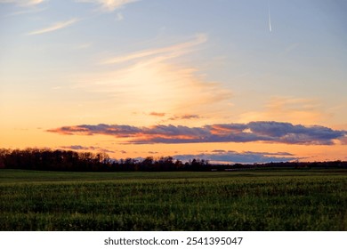 Fall autumn country landscape October countryside rural field tree line trees clouds. Pastel beautiful evening sky twilight sunset purple pink. Beauty in nature. - Powered by Shutterstock