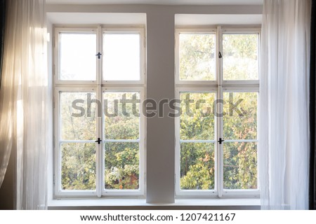 Fall, autumn season. Trees with yellow leaves out of two closed white wooden windows