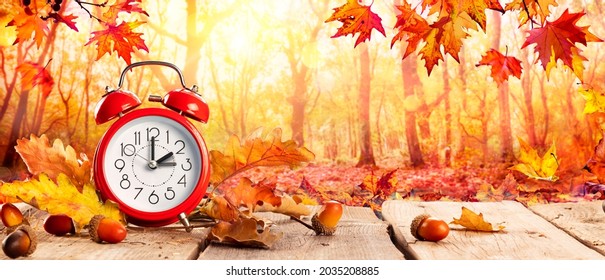 Fall Back Time - Daylight Savings End - Clock Alarm And Leaves In Falling Background - Return To Winter Time