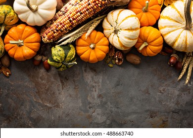 Fall background copy space with pumpkins overhead shot