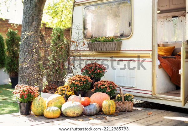 Fall\
Backyard with pumpkins and chrysanthemum in pots. RV house Porch\
decorated for Halloween, Thanksgiving. Orange Pumpkins and autumn\
flowers on steps house. Campsite in garden.\
