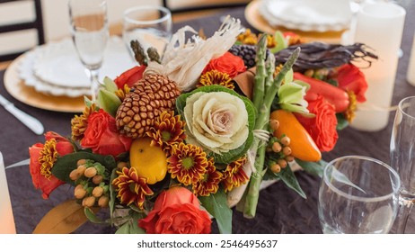 Fall centerpiece, wooden box, flowers, chrysanthemums, roses, vegetables, corn, asparagus, squash, gold-rimmed plates, soft lighting, Thanksgiving decor, table arrangement - Powered by Shutterstock