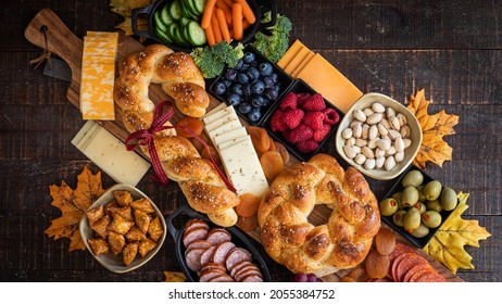 Fall Charcuterie Board With Meats, Cheeses, Bread, Fruits And Vegetables Displayed On Wooden Boards. A Fun, Festive Display For Holiday Snacking.