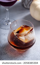 Fall Cocktails, Old Fashioned In A Glass With Large Ice Cube