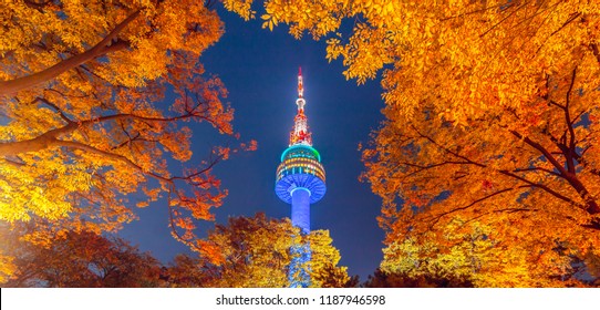 Fall Color Change In Seoul And N Seoul Tower In Autumn At Night, Seoul City, South Korea