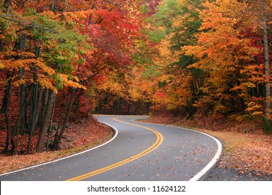 Fall Color On Curvy Road Over Fort Mountain In Northwest Georgia.