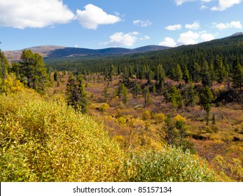 Fall colored valley among hills and mountains covered with boreal forest in Yukon Territory, Canada