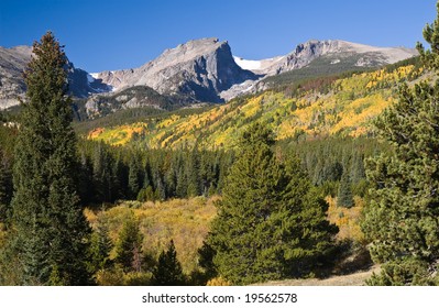 Fall Colors, Hallett Peak In The Background. Rocky Mountain National Park, Near Estes Park, Colorado, USA