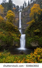 Fall Colors At Multnomah Falls In The Columbia River Gorge In Autumn