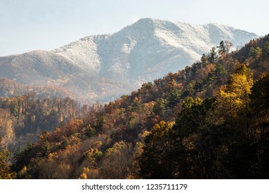 Fall Colors In The Smoky Mountains With Snow In The Background.