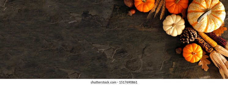 Fall Corner Border Banner Of Pumpkins And Autumn Decor On A Dark Stone Background With Copy Space