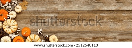Fall corner border of pumpkins, leaves and natural decor over a rustic wood banner background. Top down view with copy space. White, brown and orange colors.