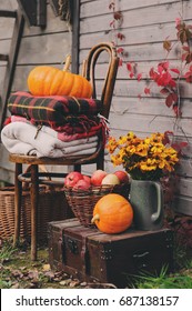 Fall At Country House. Seasonal Decorations With Pumpkins, Fresh Apples And Flowers. Autumn Harvest At Farm.