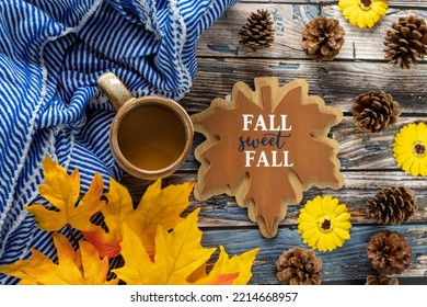 Fall cozy coffee and blue striped blanket flatlay background, with pine cones, maple leaves and sunflowers - Powered by Shutterstock